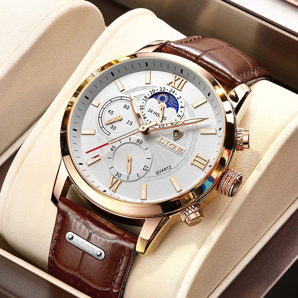 Relógios LIGE masculinos 2023 nova moda couro à prova dwaterproof água luminosa topo marca de luxo relógio de pulso quartzo masculino + caixa