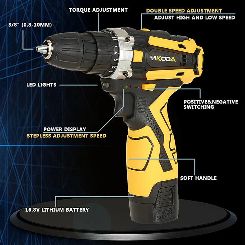 Furadeira e Parafusadeira YIKODA 12/16.8/21V Cordless Drill Rechargeable Electric Screwdriver Lithium Battery Household Multi-function 2 Speed Power Tools